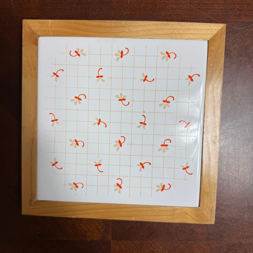 vtg 70's Ceramic Tile Trivet Wood Framed Orange Floral Grid Retro Wall Decor